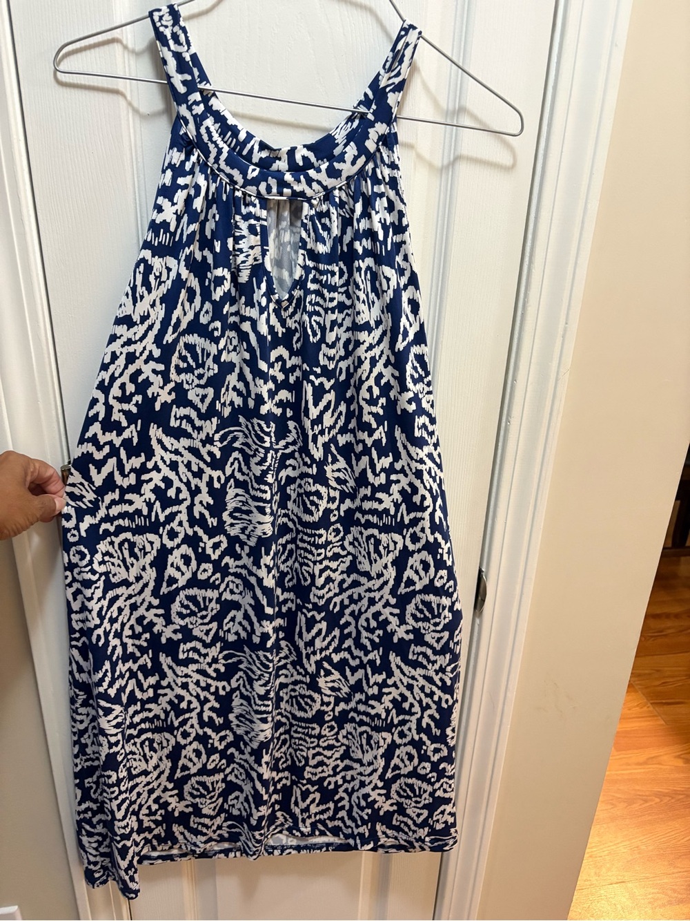 Navy and White Printed Maxi dress. Mid thigh